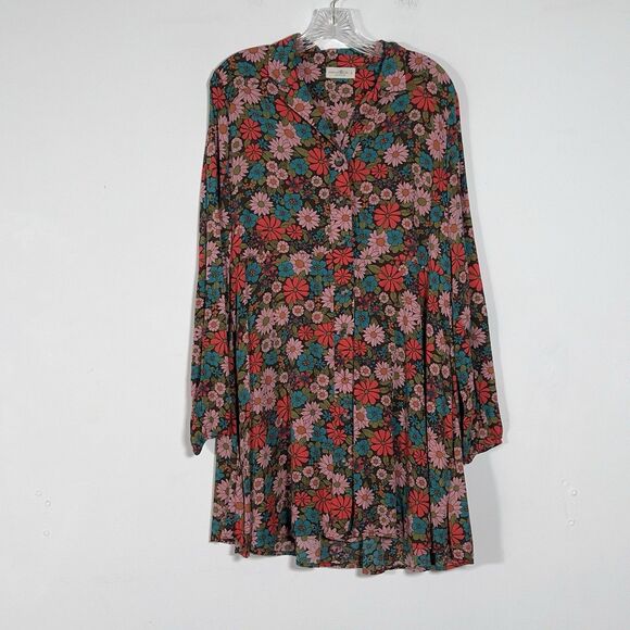 Natural Life Ansley Woven Tunic Shirt Dress Sz L Coral Floral Long Sleeve - Picture 4 of 13
